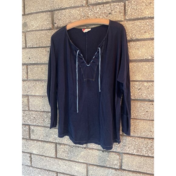 Navy Blue Long Sleeve Top With Lace-Up Neckline Yellow Stitching & Blue Patterne - Picture 2 of 8